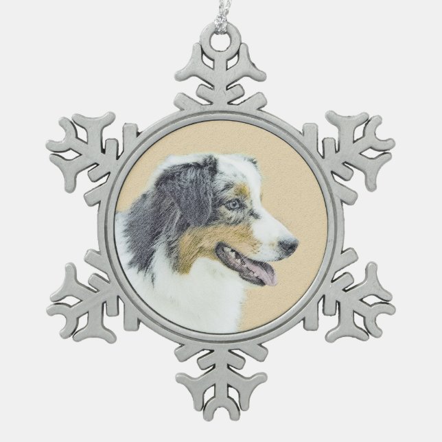 Australian Shepherd Painting - Original Dog Art Snowflake Pewter Christmas Ornament (Front)