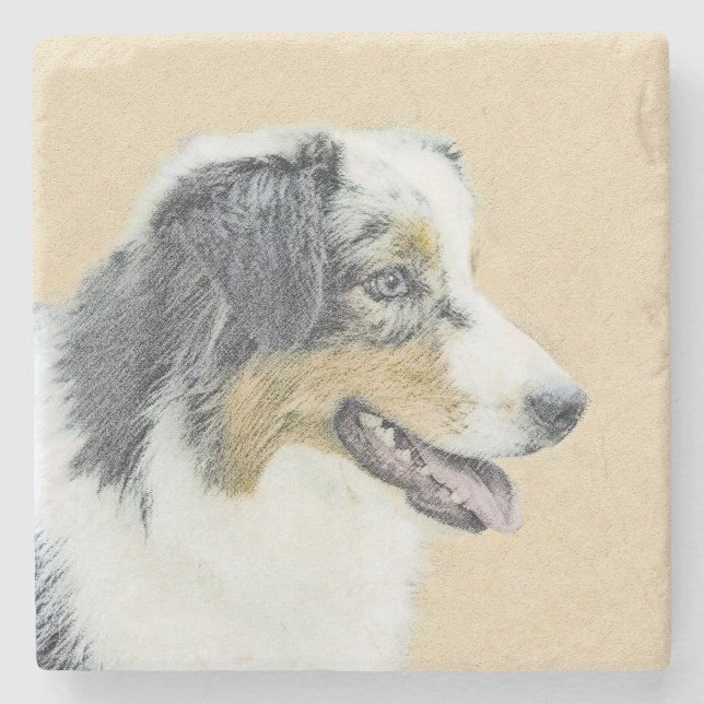 Australian Shepherd Painting - Original Dog Art Stone Coaster (Front)
