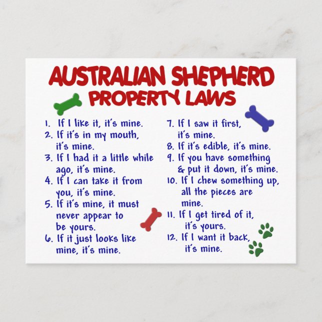 AUSTRALIAN SHEPHERD Property Laws 2 Postcard (Front)