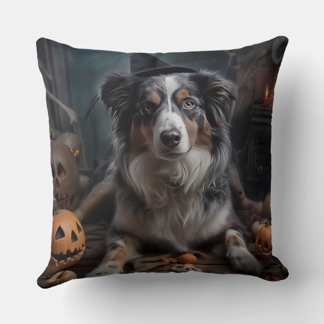 Australian Shepherd Pumpkins Halloween Scary Cushion (Back)