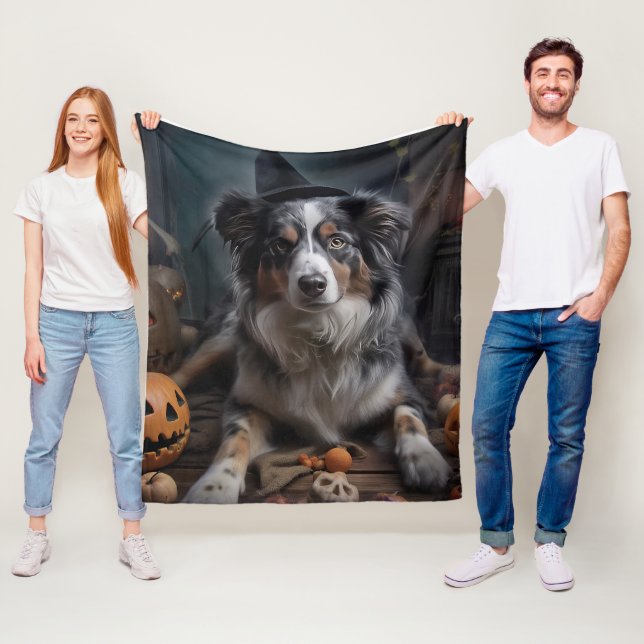 Australian Shepherd Pumpkins Halloween Scary Fleece Blanket (In Situ)