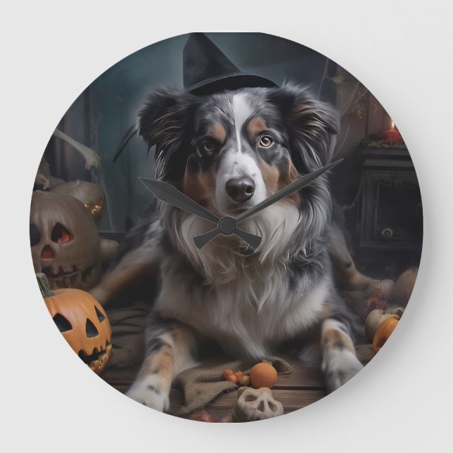 Australian Shepherd Pumpkins Halloween Scary Large Clock (Front)