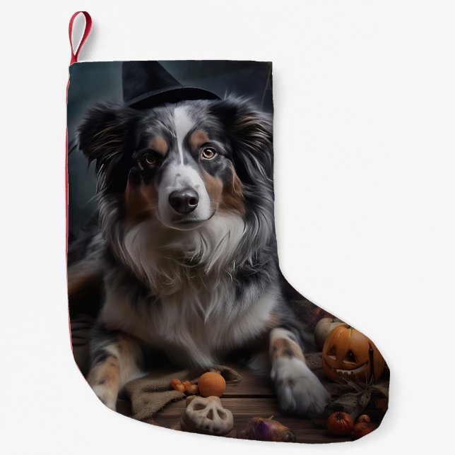 Australian Shepherd Pumpkins Halloween Scary Small Christmas Stocking (Front)