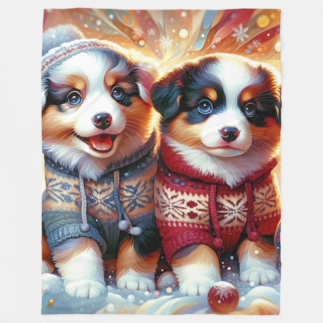 “Australian Shepherd Puppies’ First Snowfall" Fleece Blanket (Front)