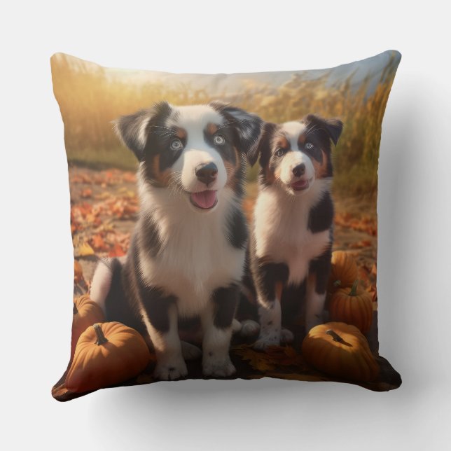 Australian Shepherd Puppy Autumn Delight Pumpkin Cushion (Back)