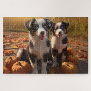 Australian Shepherd Puppy Autumn Delight Pumpkin Jigsaw Puzzle