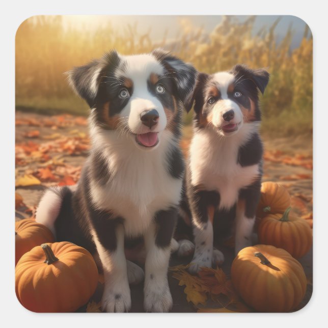 Australian Shepherd Puppy Autumn Delight Pumpkin Square Sticker (Front)