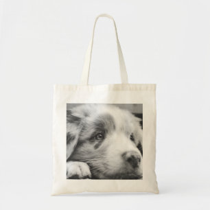 australian shepherd puppy bw tote bag