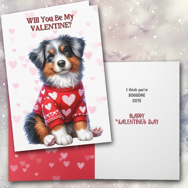 Australian Shepherd Puppy in Sweater Valentine Holiday Card (Creator Uploaded)