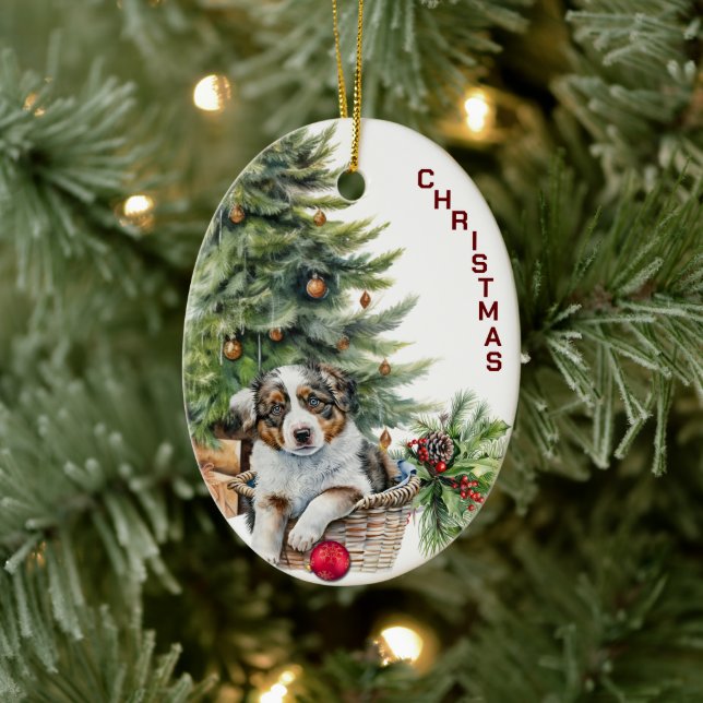 Australian Shepherd Puppy Wicker Basket Christmas Ceramic Tree Decoration (Tree)