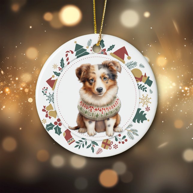 Australian Shepherd Puppy Winter Sweater Christmas Ceramic Tree Decoration (Creator Uploaded)