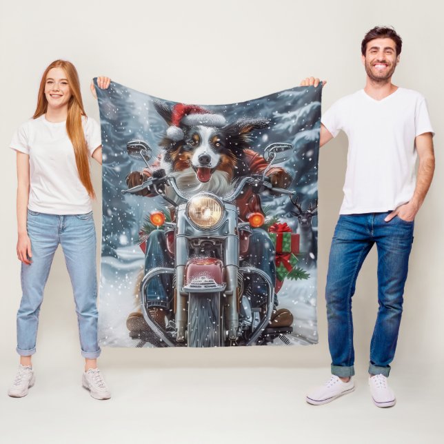 Australian Shepherd Riding Motorcycle Christmas Fleece Blanket (In Situ)