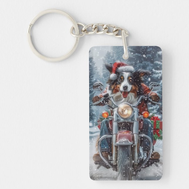 Australian Shepherd Riding Motorcycle Christmas Key Ring (Front)