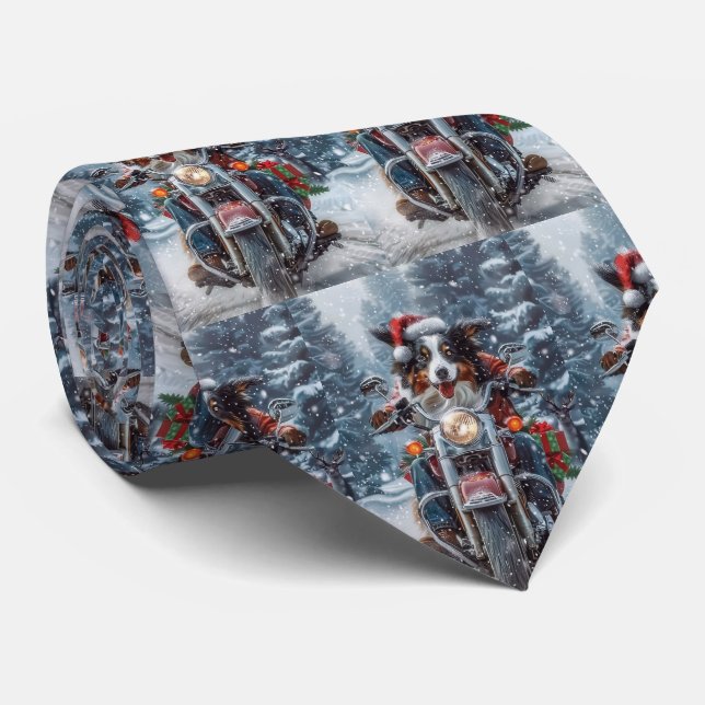 Australian Shepherd Riding Motorcycle Christmas Tie (Rolled)