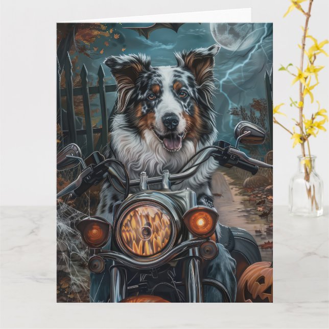 Australian Shepherd Riding Motorcycle Halloween Card (Yellow Flower)