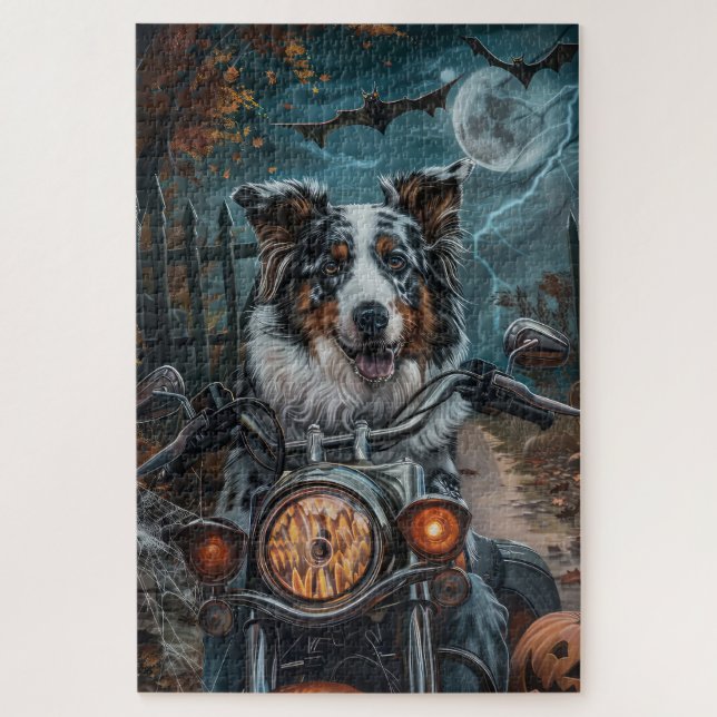 Australian Shepherd Riding Motorcycle Halloween Jigsaw Puzzle (Vertical)