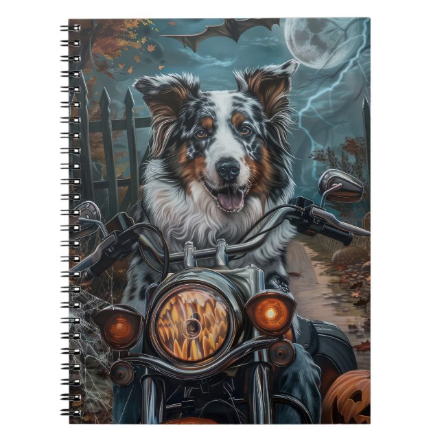Australian Shepherd Riding Motorcycle Halloween Notebook (Front)