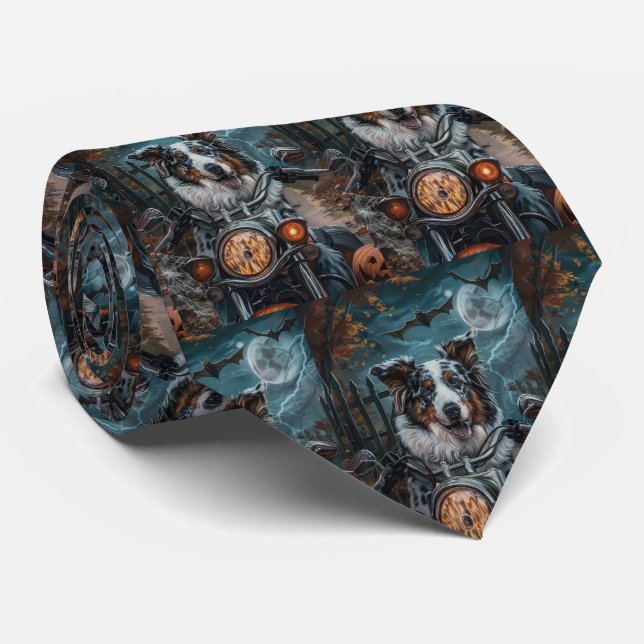 Australian Shepherd Riding Motorcycle Halloween Tie (Rolled)