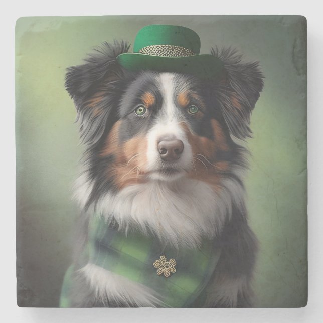 australian shepherd saint patrick stone coaster (Front)
