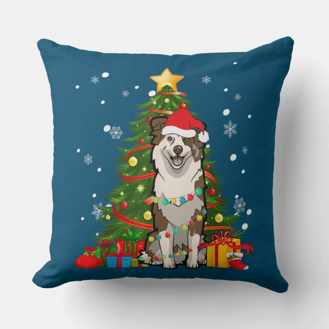 Australian shepherd Santa Christmas Tree Light Cushion (Front)