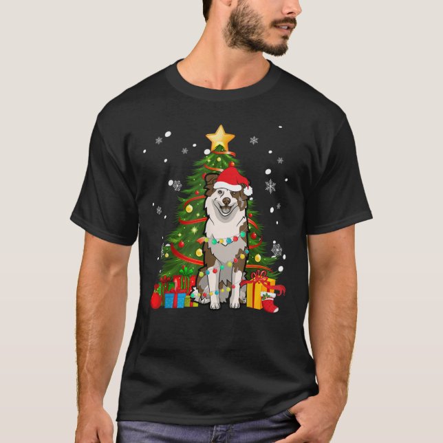 Australian shepherd Santa Christmas Tree Light T-Shirt (Front)