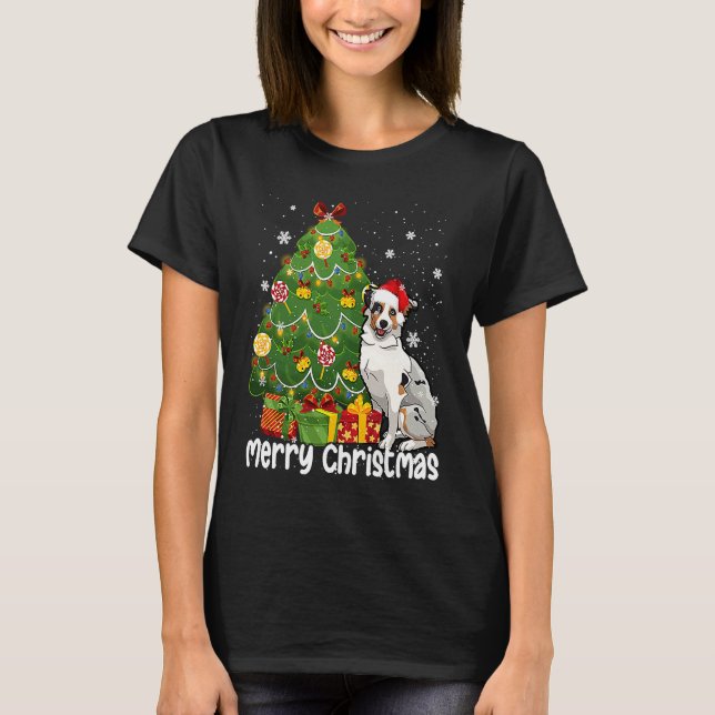 Australian Shepherd Santa Christmas Tree Lights Xm T-Shirt (Front)