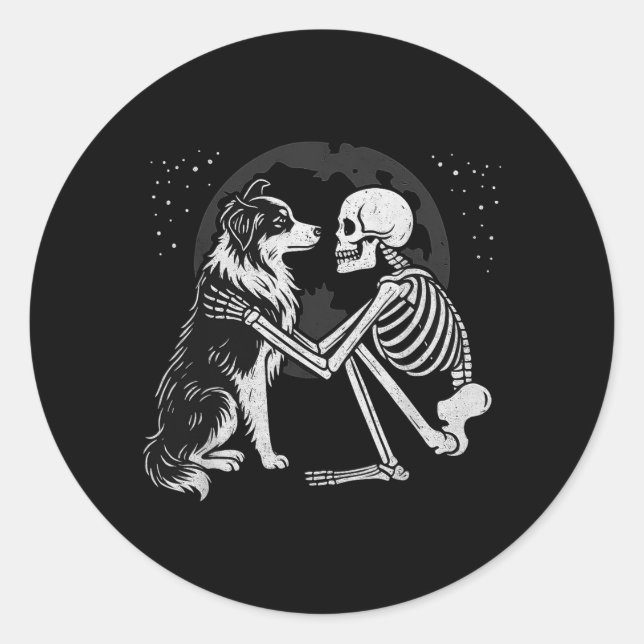 Australian Shepherd Skeleton Moon Halloween Dog Classic Round Sticker (Front)