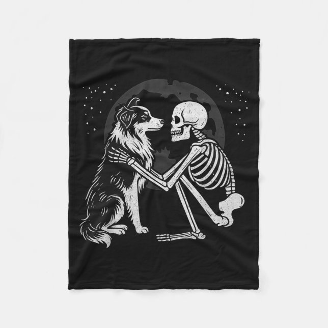Australian Shepherd Skeleton Moon Halloween Dog Fleece Blanket (Front)