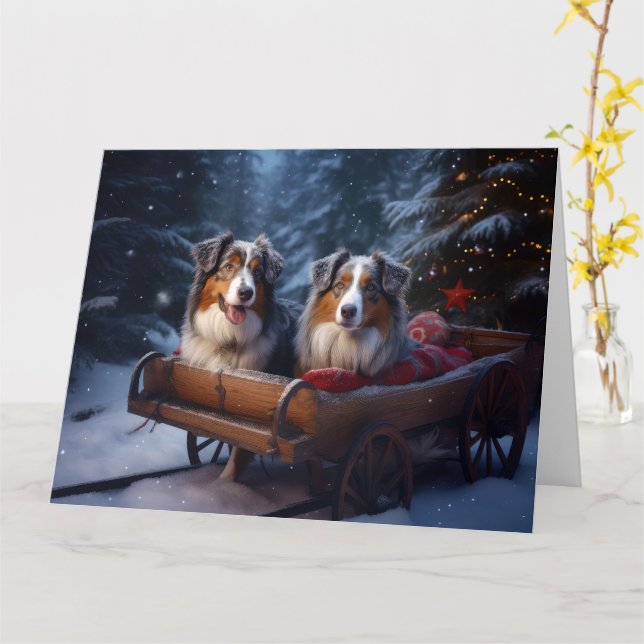 Australian Shepherd Snowy Sleigh Christmas Decor Card (Yellow Flower)