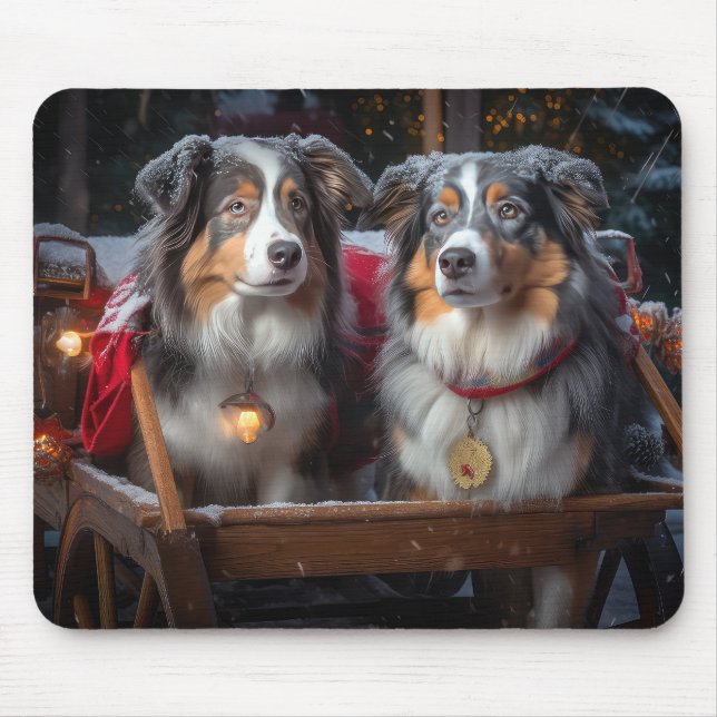 Australian Shepherd Snowy Sleigh Christmas Decor Mouse Pad (Front)