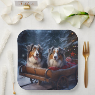 Australian Shepherd Snowy Sleigh Christmas Decor Paper Plate