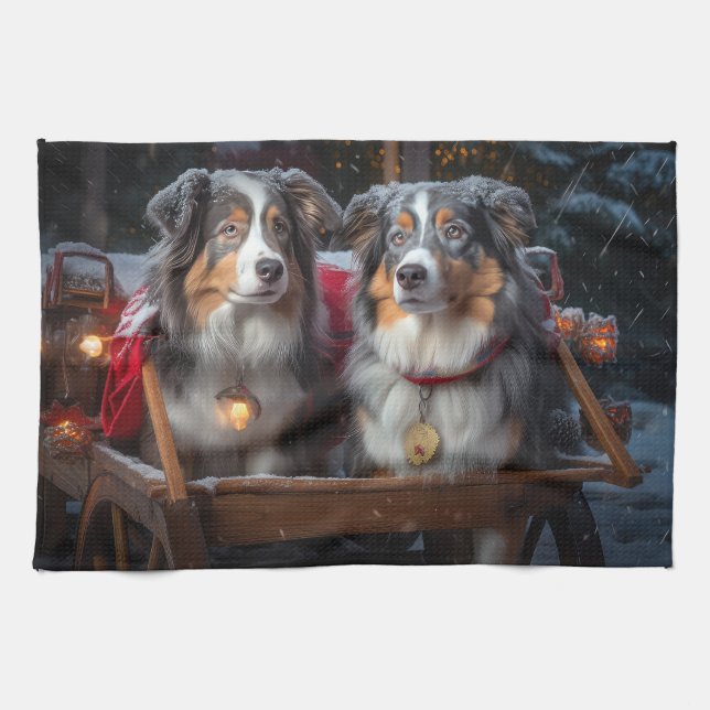 Australian Shepherd Snowy Sleigh Christmas Decor Tea Towel (Horizontal)