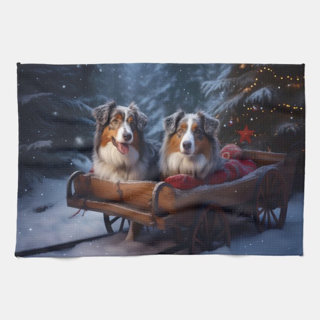 Australian Shepherd Snowy Sleigh Christmas Decor Tea Towel (Horizontal)