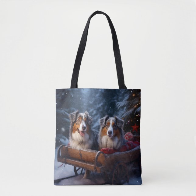 Australian Shepherd Snowy Sleigh Christmas Decor Tote Bag (Front)