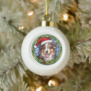 Australian Shepherd Stained Glass Christmas Ceramic Ball Christmas Ornament