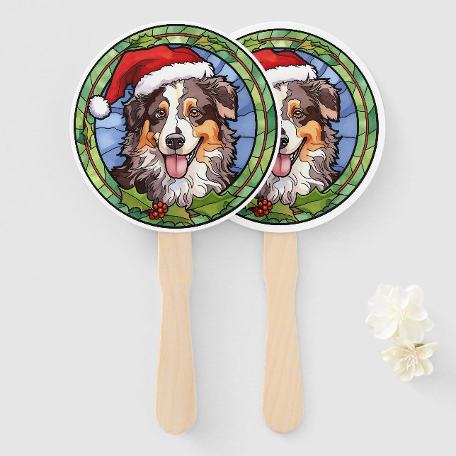 Australian Shepherd Stained Glass Christmas Hand Fan (Front and Back)