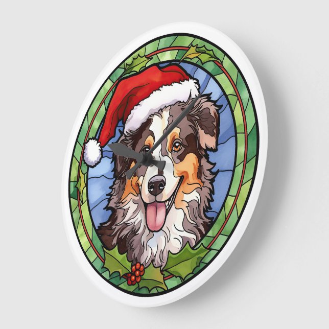 Australian Shepherd Stained Glass Christmas Large Clock (Angle)