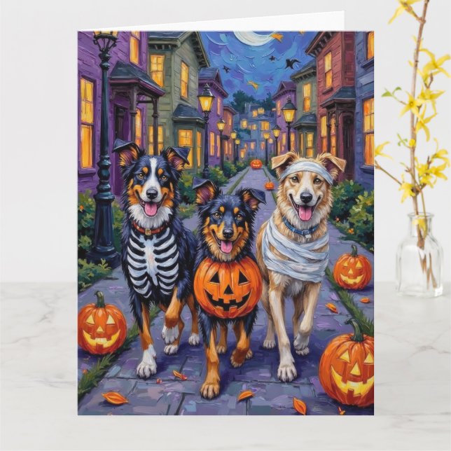 Australian Shepherd Trick-or-Treating in Halloween Card (Yellow Flower)