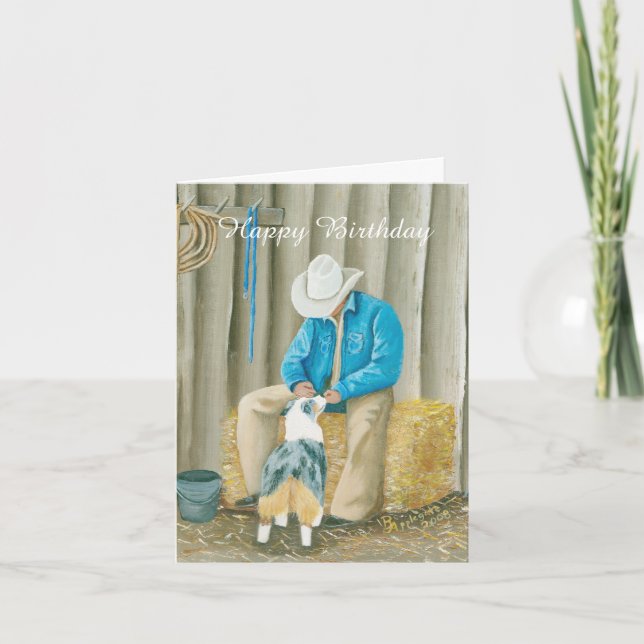 Australian Shepherd Western Art Birthday Note Card (Front)