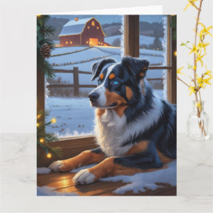 Australian Shepherd With Christmas Lights Holiday Card