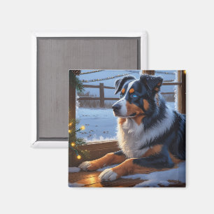Australian Shepherd With Christmas Lights Holiday Magnet