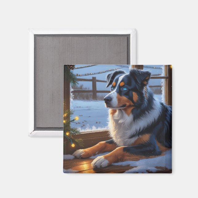 Australian Shepherd With Christmas Lights Holiday Magnet (Front/Back)