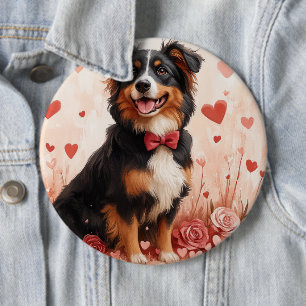 Australian Shepherd with Roses - Valentine's Day  6 Cm Round Badge
