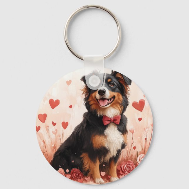 Australian Shepherd with Roses - Valentine's Day  Key Ring (Front)