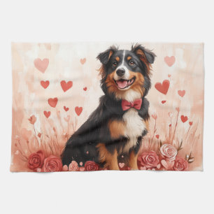 Australian Shepherd with Roses - Valentine's Day Tea Towel