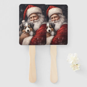 Australian Shepherd with Santa Claus Christmas Hand Fan