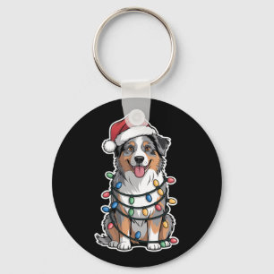 Australian Shepherd Wrapped In Christmas Lights Key Ring