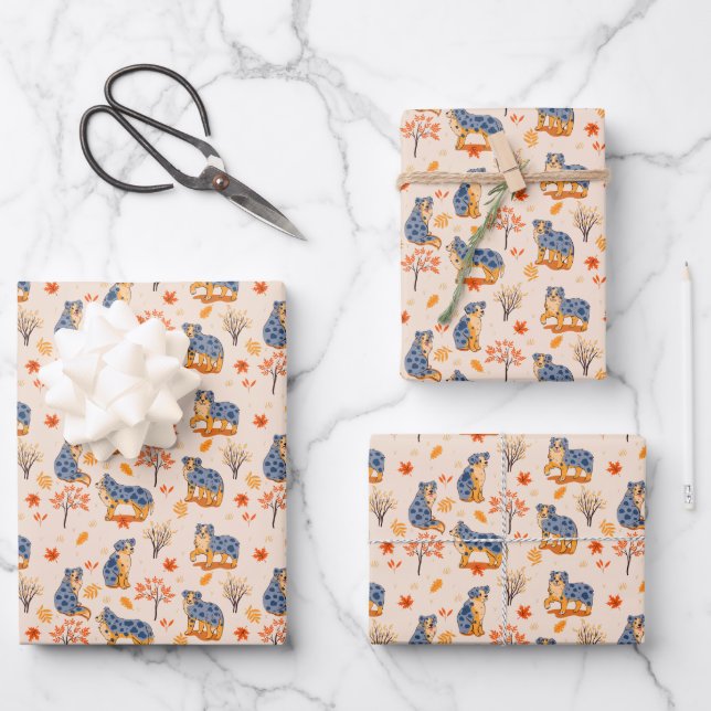 Australian Shepherds Autumn Leaves Bushes Pattern Wrapping Paper Sheet (Front)