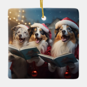 Australian Shepherds Christmas Caroling Scene Ceramic Ornament