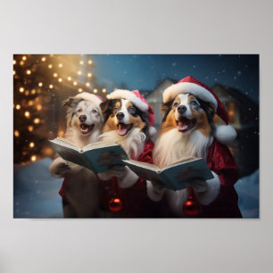 Australian Shepherds Christmas Caroling Scene  Poster